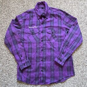 Demons Behind Me Flannel Shirt Men's Large Purple Plaid The Raven Embroidered